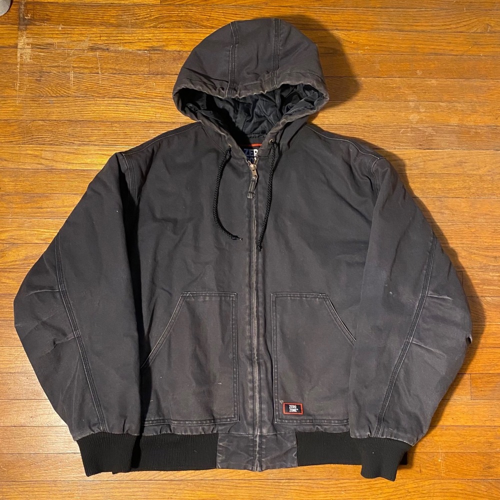Zero Zone Men's Black Hooded Workwear Jacket XL Extra Large Canvas Quilted Lined